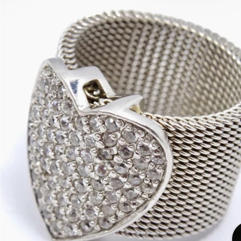 Silver Heart Mesh Ring Size 7 Sterling Silver CZ Pave